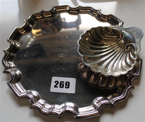 Small silver salver & shell dish